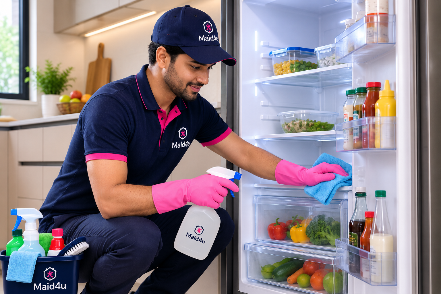 Maid4u professional providing fridge cleaning service